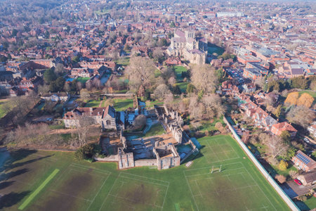 Beautiful aerial view of the famous English Heritage site, Wolvesey Castle, the Monumental remains, bishops of Winchester, daytimeの写真素材