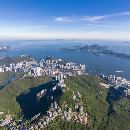 Beautiful aerial view of Mountains, Lamma Island and Aberdeen of Hong Kong, in a clear summer day.の写真素材