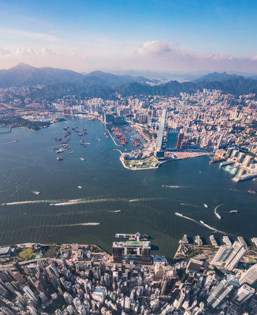 Epic aerial view of the famous landmark of Hong Kong. Victoria Harbour, center business distract of...