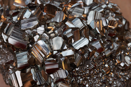 Close up of Pyrite crystal, fool's gold. Pyritohedrons, pentagonal face, zoom inの写真素材