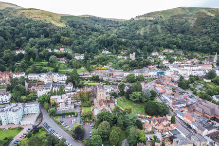 Beautiful aerial view of the town center, high street of Great Malvern, The famous village for...