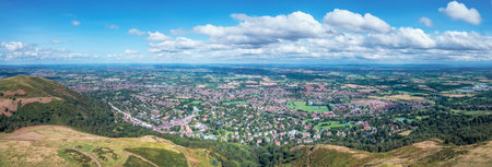 Beautiful aerial view of the town center, high street of Great Malvern, The famous village for...