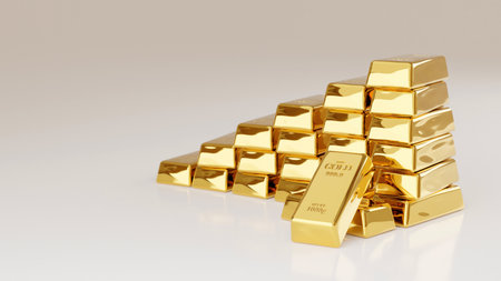 stack of gold bars ingot showing, showing wealth and richness, 3D renderingの写真素材