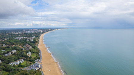 amazing aerial panorama view of Sandbanks Beach and Cubs Beach in Bournemouth, Poole and Dorset, England. Wide angle daytimeの写真素材