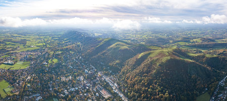beautiful aerial view of the Malvern Hill, Great Malvern, Worcestershire, United Kingdom, Autumn daytimeの写真素材