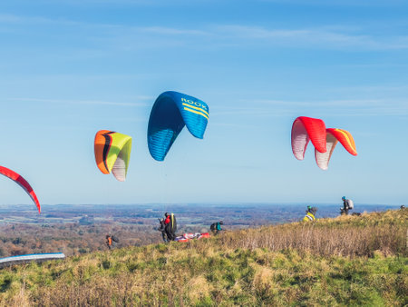 Paragliding group on outdoor, clear day, Autumn, Berkshire England, UKの写真素材