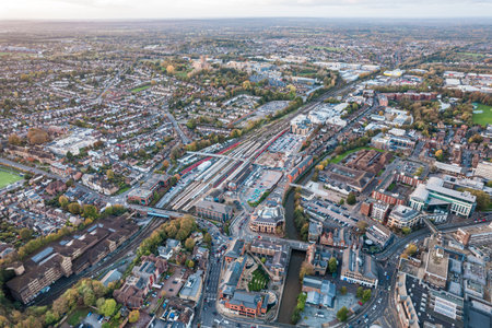 amazing aerial view of the downtown center and railway station of Guildford, Famous town near...