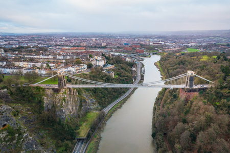 Aerial view of the landmark of Bristol, Clifton Suspension Bridge and Clifton Observatory, in a...