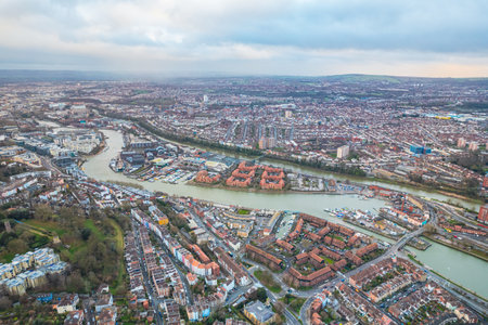 beautiful aerial view of the River Avon and downtown area of Bristol, UK, overcast daytimeの写真素材