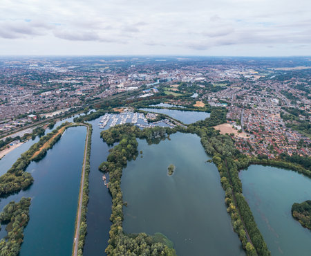 amazing aerial view of the Caversham Lakes, Reading, Berkshire, UKの写真素材