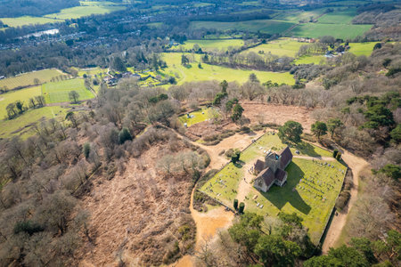 Amazing aerial view of the St Martha's Church, historical building in Guildford, Surrey, England, UKの写真素材