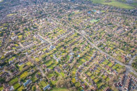 beautiful aerial view of residential area of Guildford, west Surrey, England, spring outdoorの写真素材