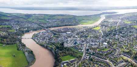 Amazing aerial panorama view of the Chepstow, River Wye, Monmouthshire, Wales, England, UKの写真素材