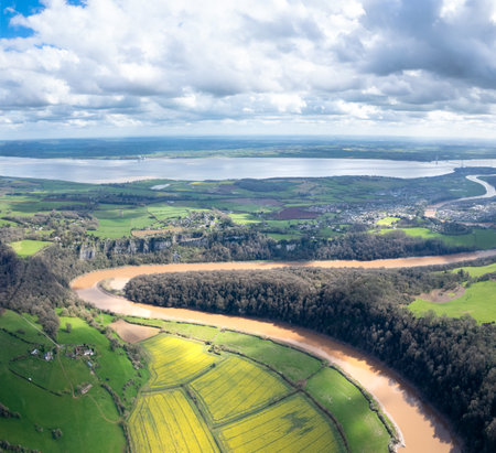 Amazing aerial panorama of Tintern Abbey, River Wye, and the nearby landscape. UKの写真素材