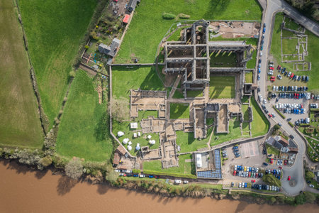 Amazing aerial top down view of Tintern Abbey, River Wye, and the nearby landscape. UKの写真素材