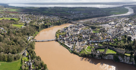Amazing aerial panorama view of the Chepstow, River Wye, Monmouthshire, Wales, England, UKの写真素材