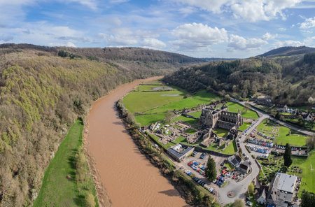 Amazing aerial panorama of Tintern Abbey, River Wye, and the nearby landscape. UKの写真素材