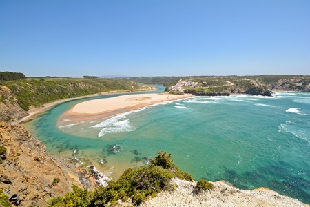 Panoramic view to Odeceixe surfers beach on the West Coast of Algarve District Aljezur Portugalの写真素材