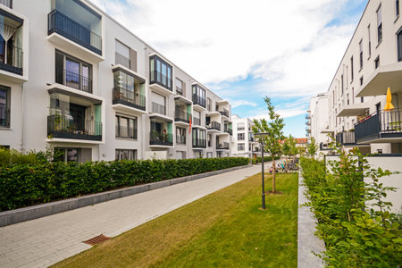 Modern residential buildings with outdoor facilities, Facade of new low-energy houses