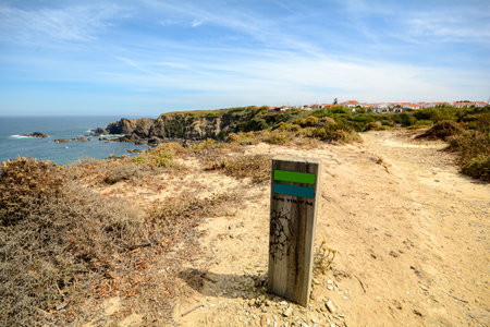 Hiking trail Rota Vicentina from Odeceixe to Zambujeira do Mar through Alentejo landscape, Portugalのeditorial素材