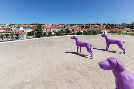 LISBON BELEM, PORTUGAL - AUG 05: MAAT - Museum of Art, Architecture and Technology with exhibition on the rooftop and view to the city and river Tagus in Belem district, Portugal on August 05, 2019のeditorial素材