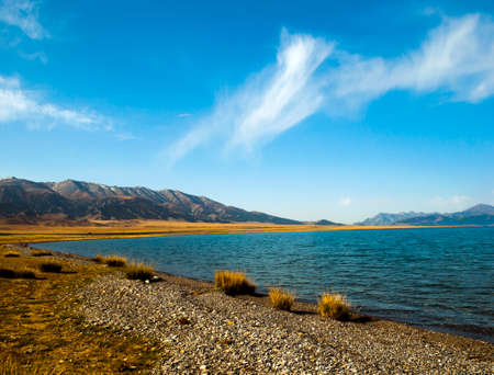 Lake under the blue skyの写真素材
