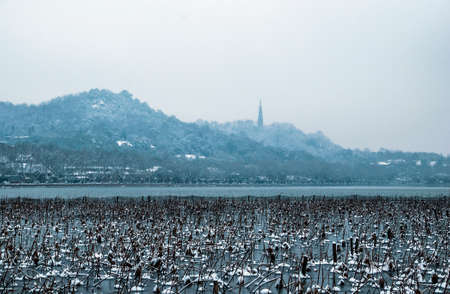 Hangzhou West Lake in snowの写真素材