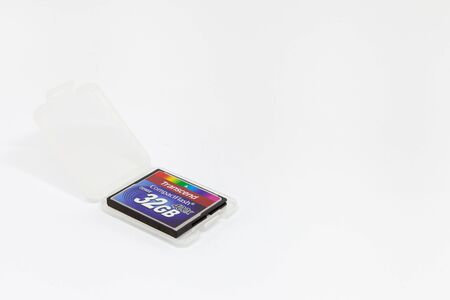Moscow / Russia - March 6, 2019: 32 gb transcend compact flash memory card in a plastic boxのeditorial素材