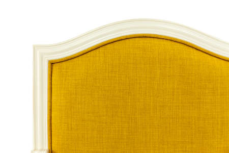 back of a chair with a wooden edging and brown soft upholstery on a white background