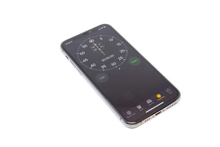 Moscow / Russia - January 18, 2020: Black iPhone 11 Pro on a white background. The stopwatch is set...