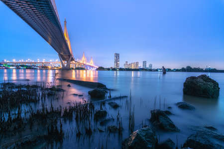 Undaer Bhumibol Bridge and riverside view cityscape, Bangkok, Thailandの写真素材