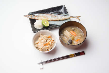 japanese autumn food, sanma, tonjiru, takikomi gohanの写真素材