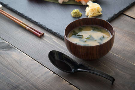 miso soup with sushiの写真素材