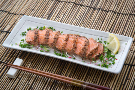 japanese salmon tataki with ponzu sauceの写真素材