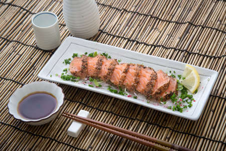 Japanese salmon tataki with ponzu sauceの写真素材