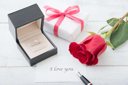 message with diamond ring and roseのeditorial素材