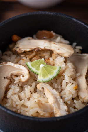 traditional jaopanese autumn food, rice with matsutake mushroomの写真素材