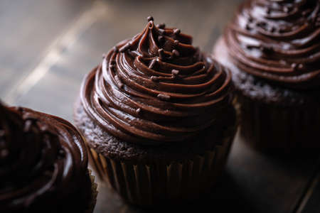 chocolate cupcake on dark wooden background