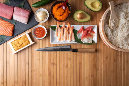 top view background of japanese sushi ingredientsの写真素材