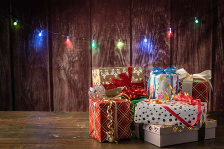 pile of wrapped gift boxes, holiday imageの写真素材