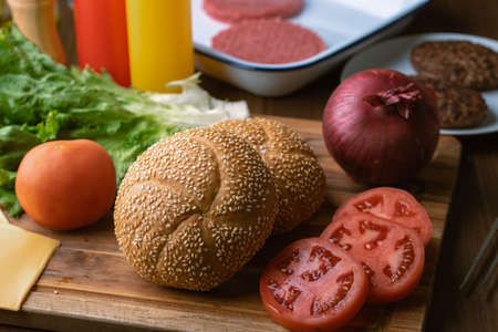 ingredients for traditional cheese burgerの写真素材