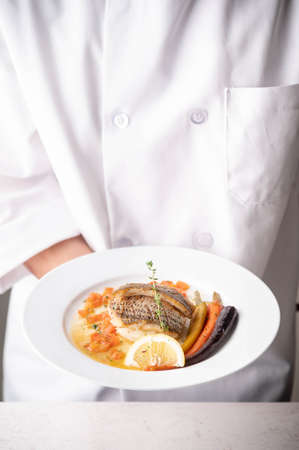 chef serving luxury seabass plate with handの写真素材