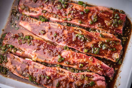 Korean style marinated fresh short rib with boneの写真素材