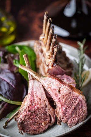 roasted lamb rack with red wineの写真素材