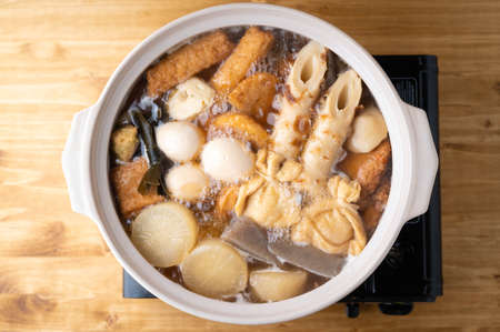 Oden, japanese traditional hot pot with fish dumplingsの写真素材