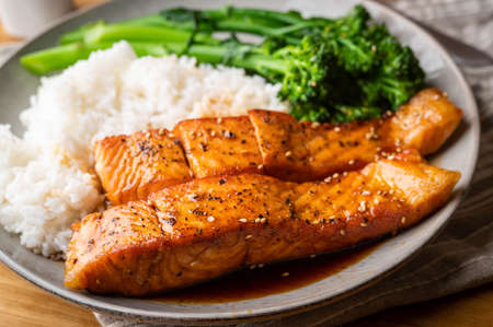 salmon teriyaki with rice and boiled broccoliniの写真素材