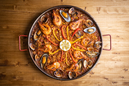 traditional seafood paella with shrimp and musselの写真素材