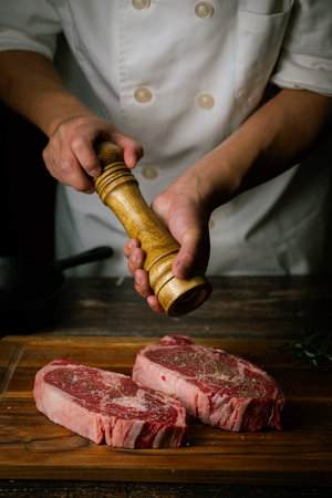 chef seasoning steak with salt and pepperの写真素材