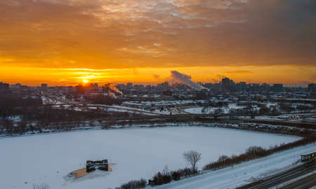 Early morning golden sun rises over Ottawa and Gatineau.の写真素材