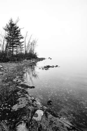 Dense fog with diffused bright sunlight on Ottawa River.  Rocks, trees enveloped by fog, bright diffusion, mid-morning sunrise.の写真素材